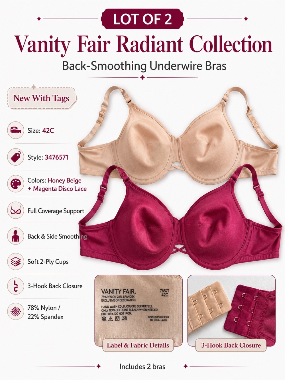 Vanity Fair Radiant Back Smoothing Underwire Bras 42C Beige Magenta LOT OF 2 - Picture 2 of 16